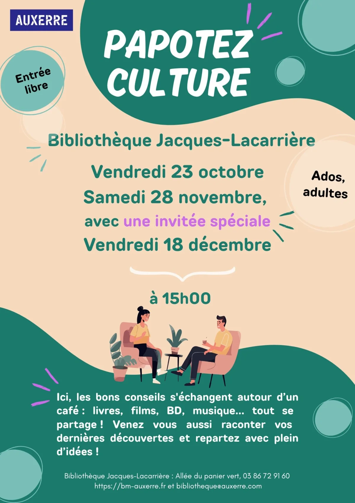 Papotez culture – Auxerre (bibliothèque Jacques-Lacarrière) (affiche de l’événement)