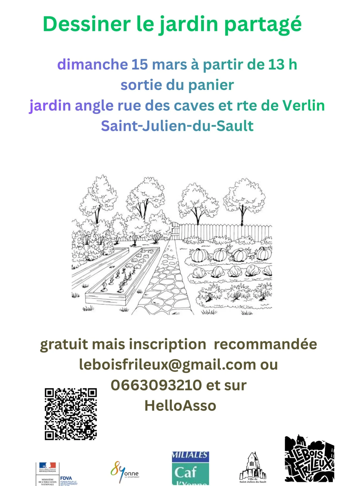 Pique-nique, conception et organisation d'un jardin partagé – Saint Julien du Sault (Jardin à l'angle rue des caves et route de Verlin) (affiche de l’événement)