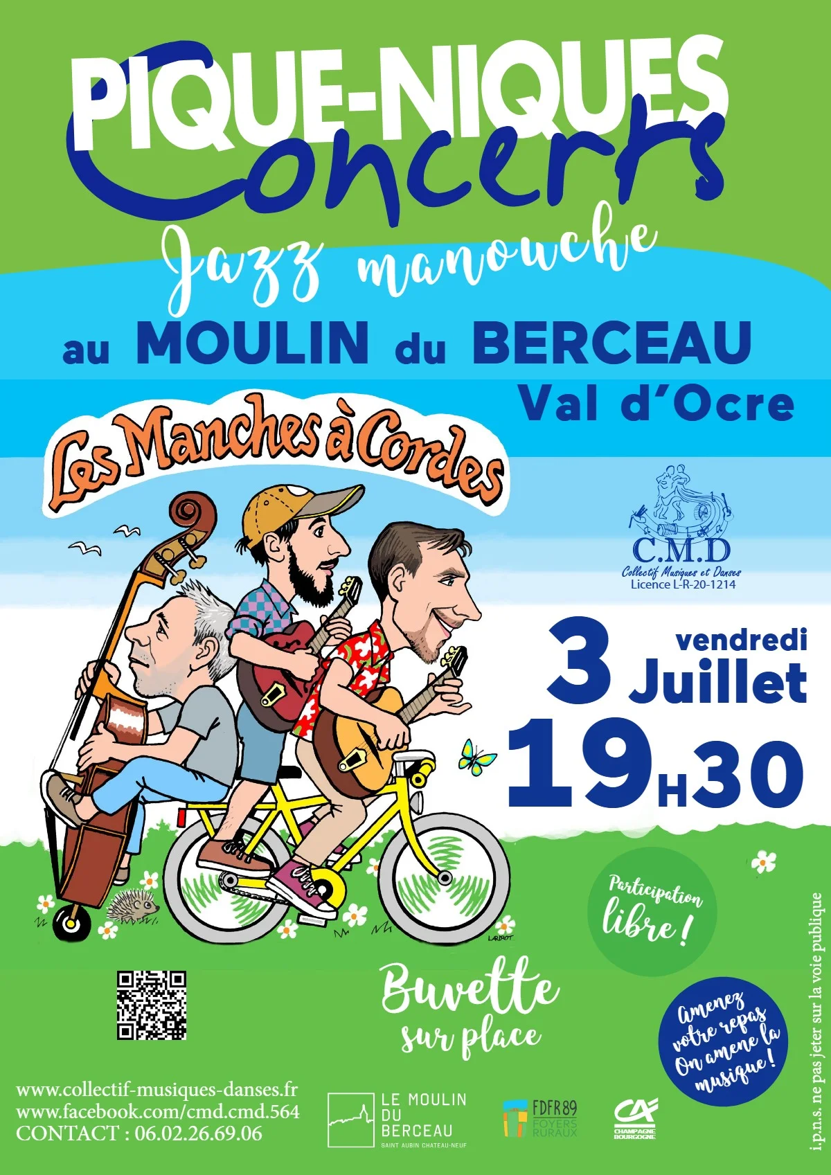 Pique-nique concert avec Les Manches à Cordes (jazz manouche) – Saint-Aubin-Château-Neuf / Le Val d'Ocre (Moulin du Berceau) (affiche de l’événement)