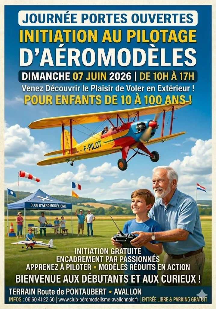 Porte ouverte aéromodélisme – Initiation au pilotage d’aéromodèles – Avallon (Route de Pontaubert, sortie Avallon / suivre le fléchage) (affiche de l’événement)