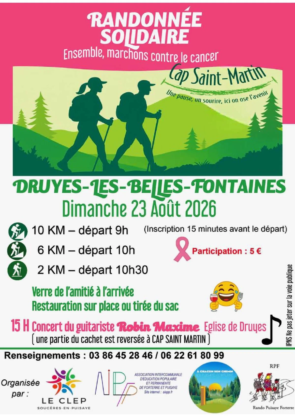 Randonnée solidaire pour les malades du cancer de Cap Saint Martin – Druyes les Belles Fontaines (sources de Druyes derrière la mairie) (affiche de l’événement)