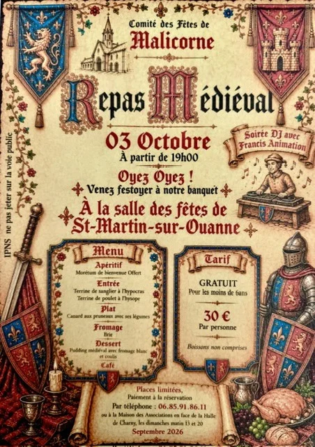 Repas médiéval - soirée dansante (années 80 à nos jours) – Saint-Martin-sur-Ouanne (Salle des fêtes) (affiche de l’événement)