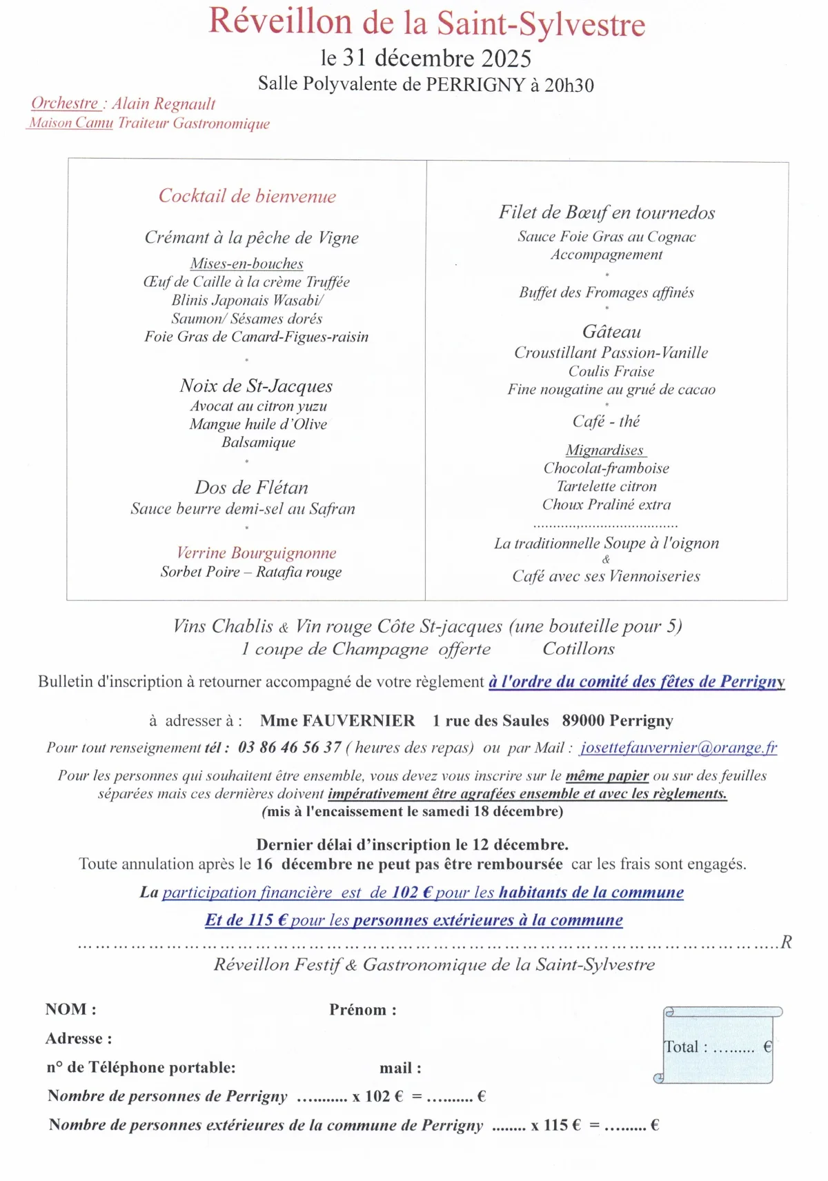 COMPLET // Réveillon de la Saint Sylvestre : Repas dansant avec cotillons proposé par la Maison Camus (traiteur gastronomique) et animé par l'Orchestre Alain Regnault – Perrigny (salle polyvalente) (affiche de l’événement)