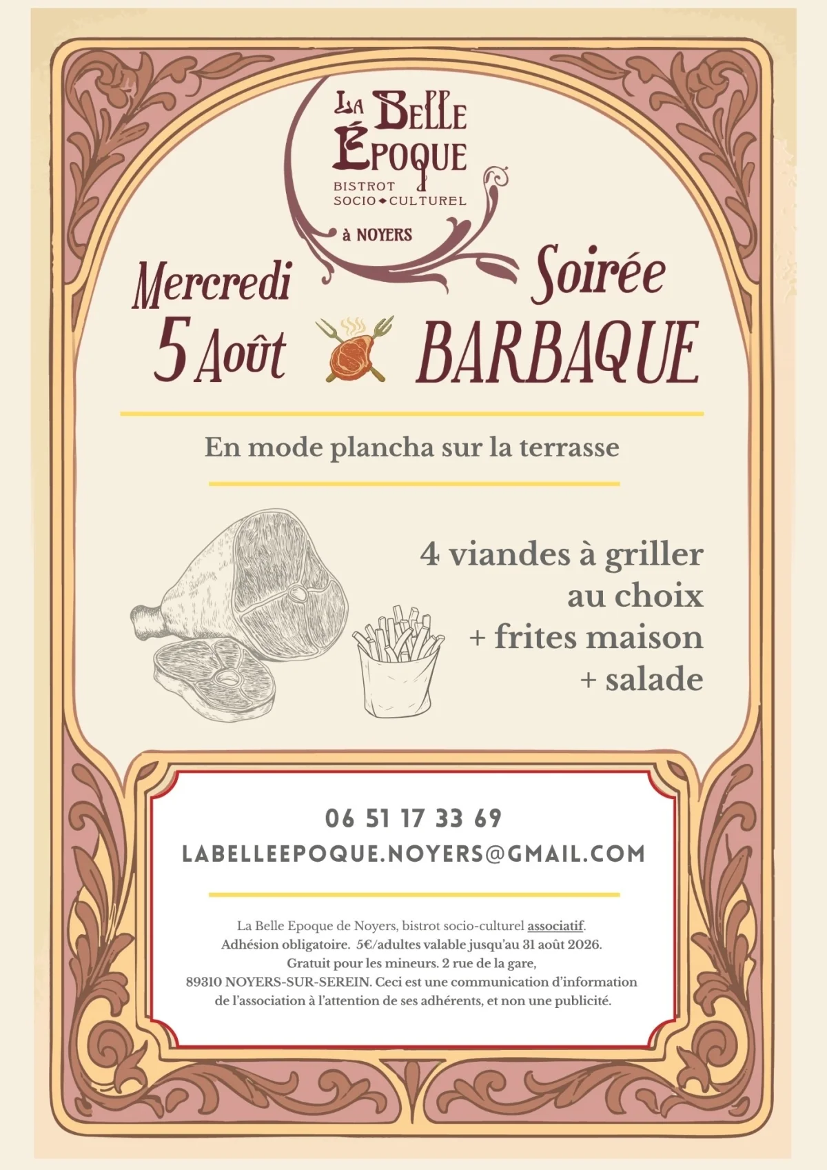 Soirée Barbaque en terrasse – Noyers-sur-Serein (La Belle Epoque de Noyers / Bistrot socio-culturel associatif) (affiche de l’événement)