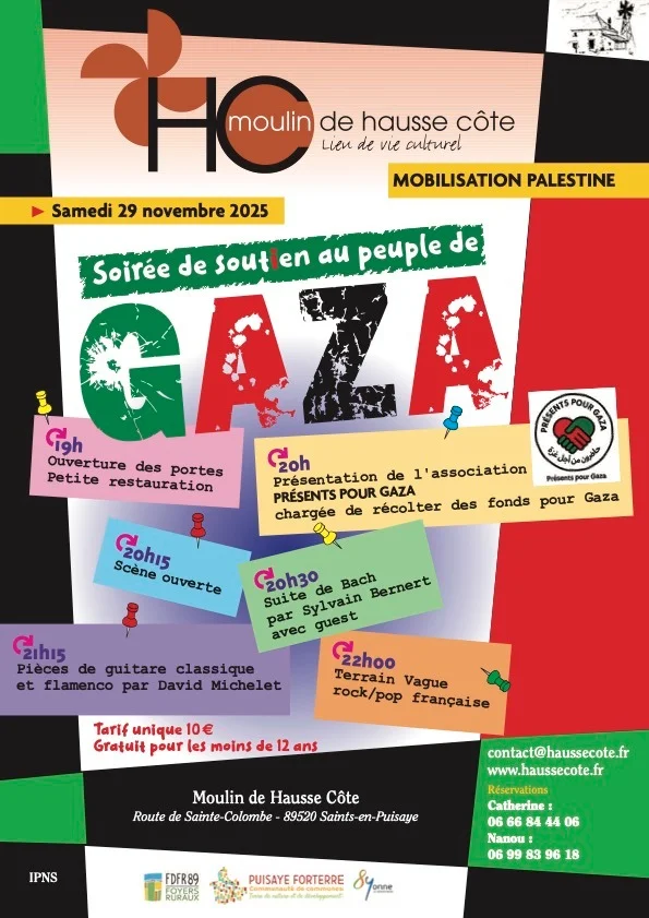 Soirée de mobilisation pour Gaza et la Palestine en général – Saints en Puisaye (Le Moulin de Hausse Côte) (affiche de l’événement)