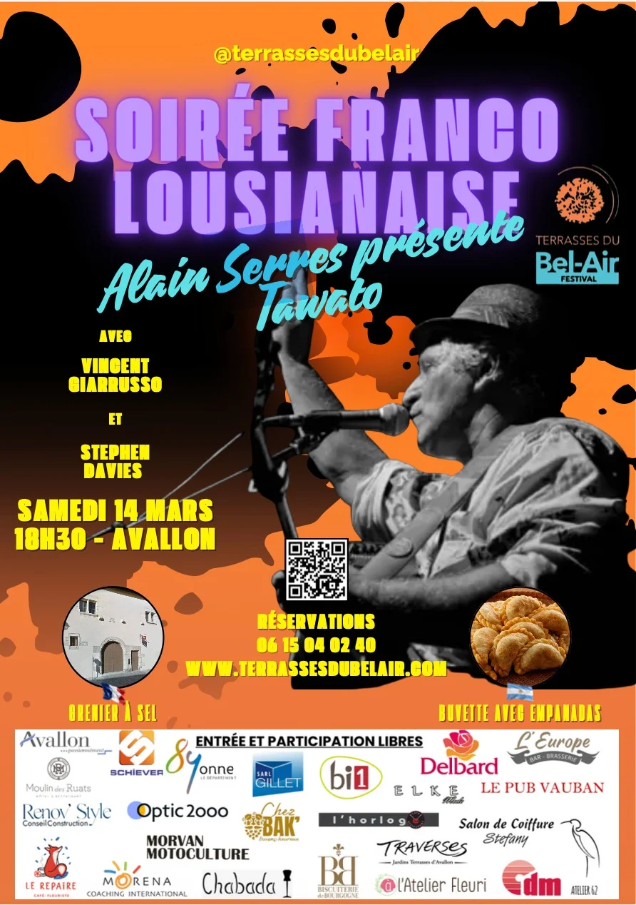 Soirée Franco-Louisianaise "Musique du vent et des forêts" avec Tawato dans le cadre du Festival Terrasses du Bel-Air – Avallon (Grenier à sel) (affiche de l’événement)