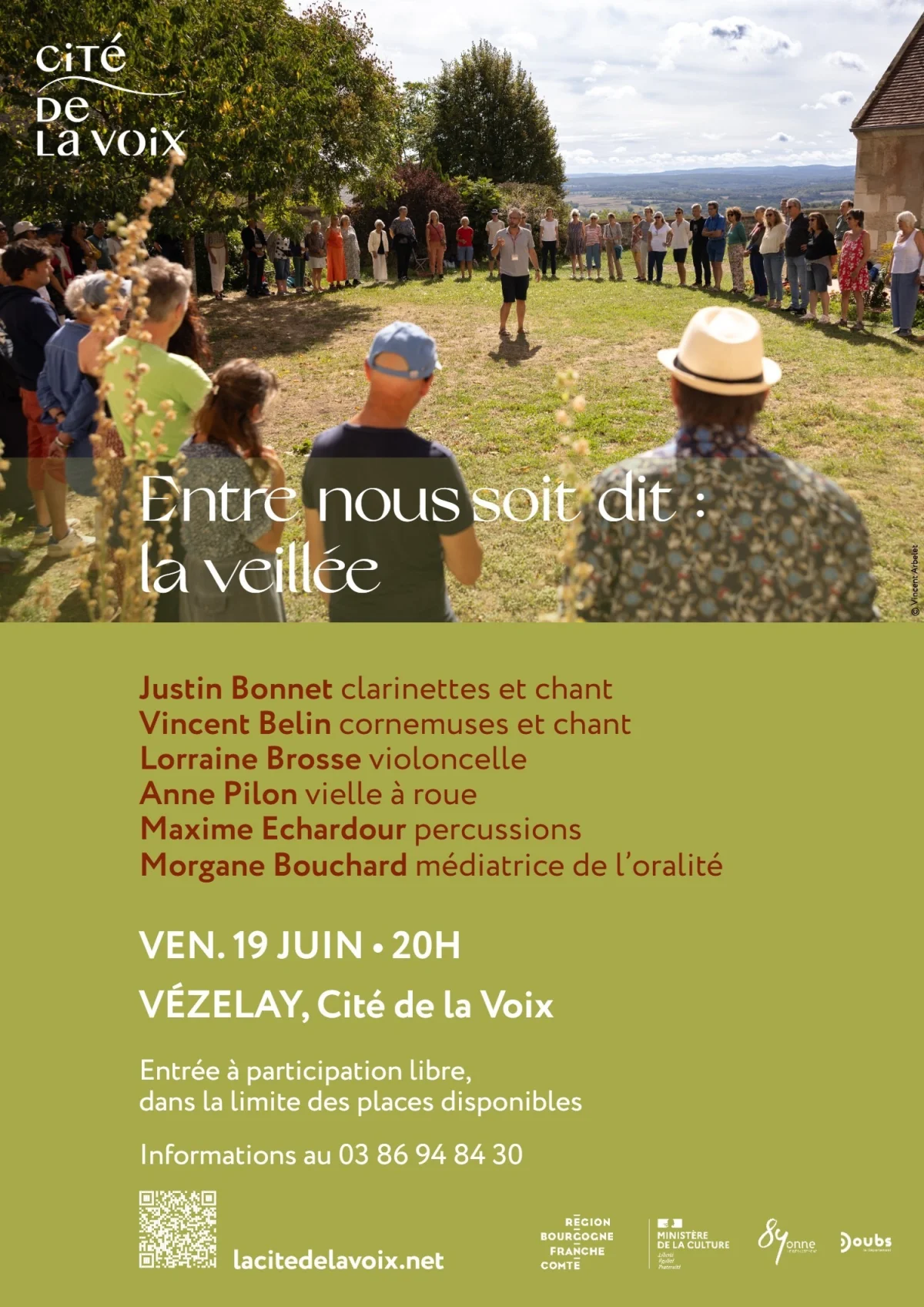 Sortie de résidence - Entre nous soit dit : la veillée – Vézelay (La Cité de la Voix) (affiche de l’événement)