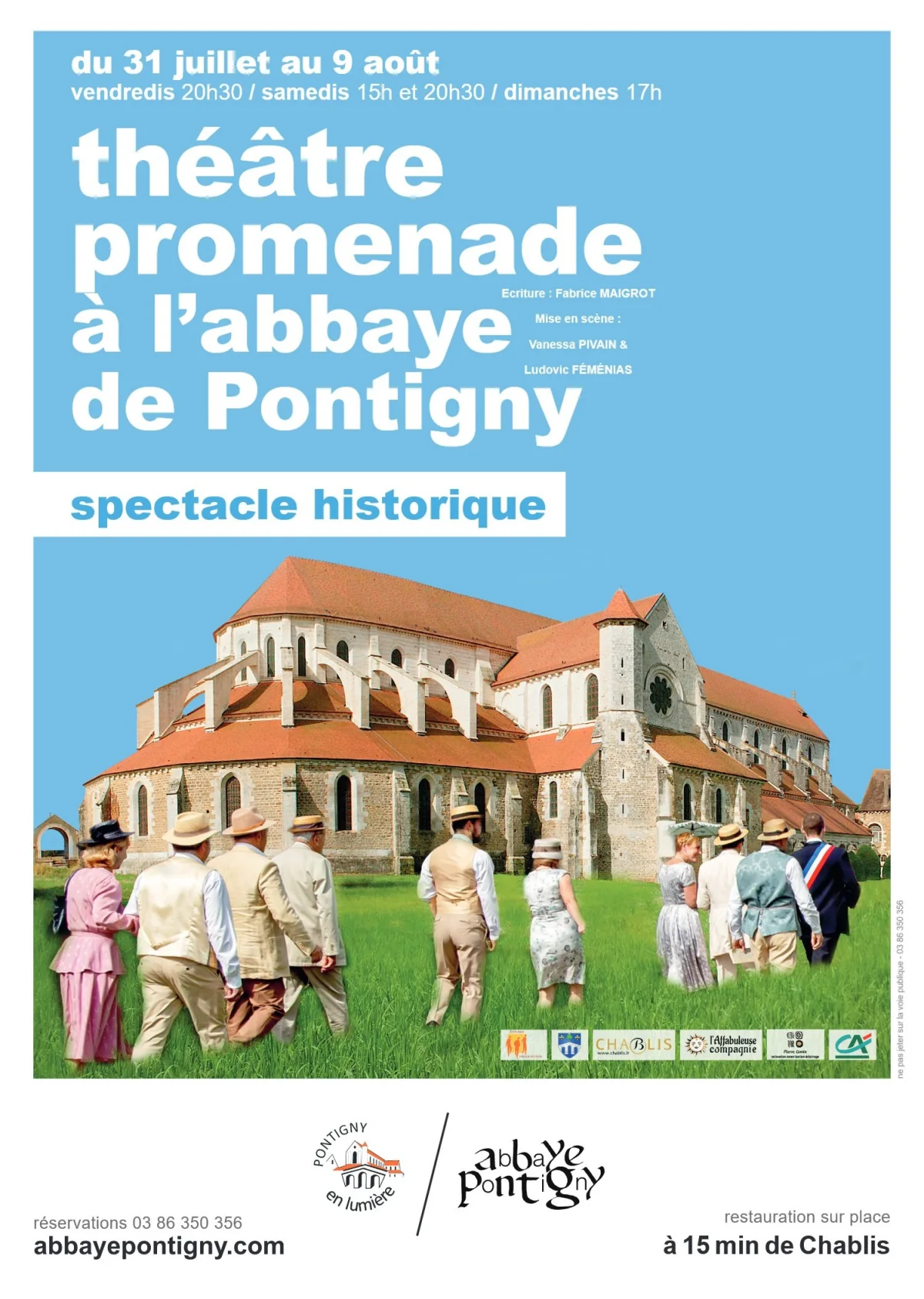 Spectacle historique : Fenêtres sur Pontigny "Théâtre promenade à l'abbaye de Pontigny" écrit par Fabrice Maigrot et mis en scène par Vanessa Pivain et Ludovic Féménias (Affabuleuse Compagnie) – Pontigny (Abbaye de Pontigny) (affiche de l’événement)
