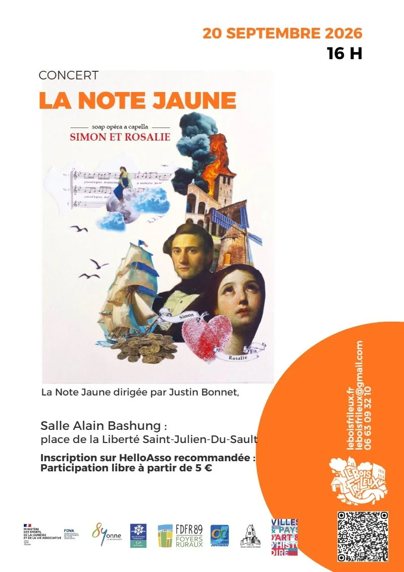 Spectacle musical  "Simon et Rosalie" par l'ensemble vocal La Note Jaune (soap opéra a capella) – Saint Julien du Sault (Salle Alain Bashung) (affiche de l’événement)