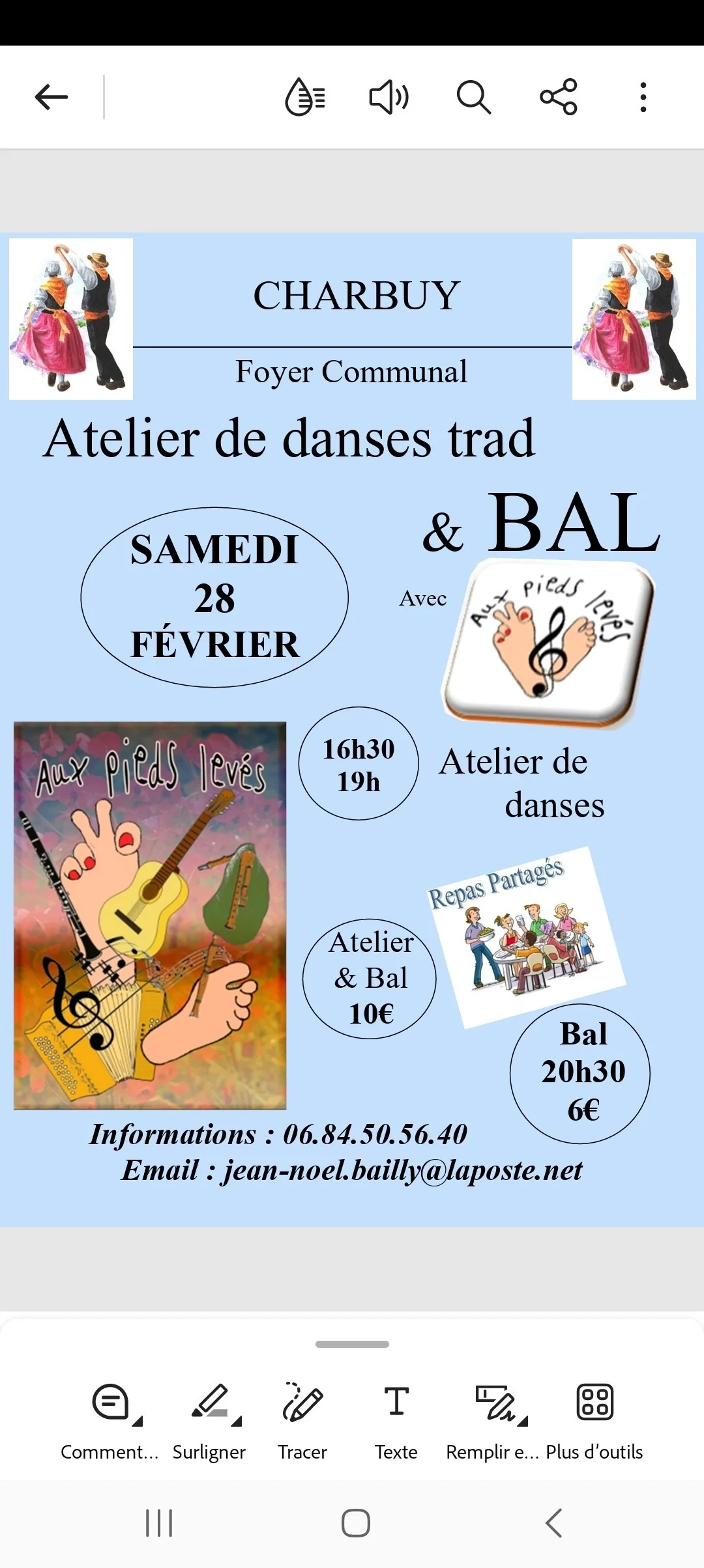 Stage de danses traditionnelles à 16h30 avec Pascal Viennet / Bal folk-trad avec le groupe Aux Pieds Levés à 20h30 – Charbuy (Foyer communal) (affiche de l’événement)