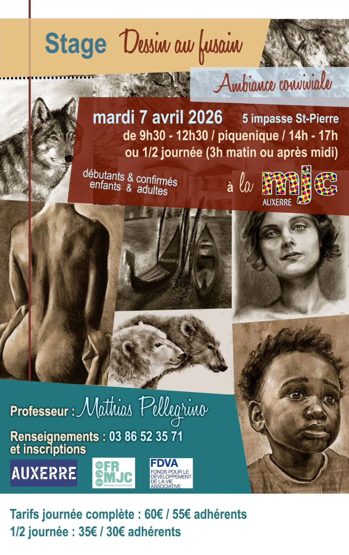 Stage de dessin au fusain, pour initiation débutants de tous âge, ou pour se perfectionner – Auxerre (MJC d'Auxerre) (affiche de l’événement)