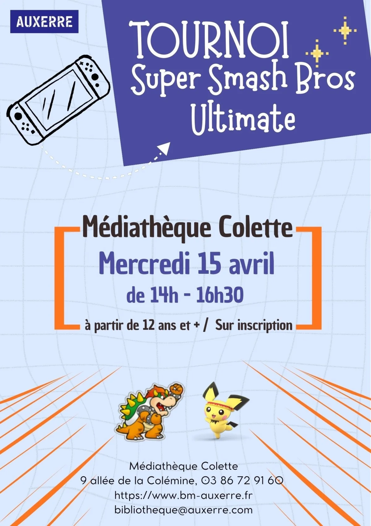 Tournoi Super Smash Bros – Auxerre (Médiathèque Colette) (affiche de l’événement)