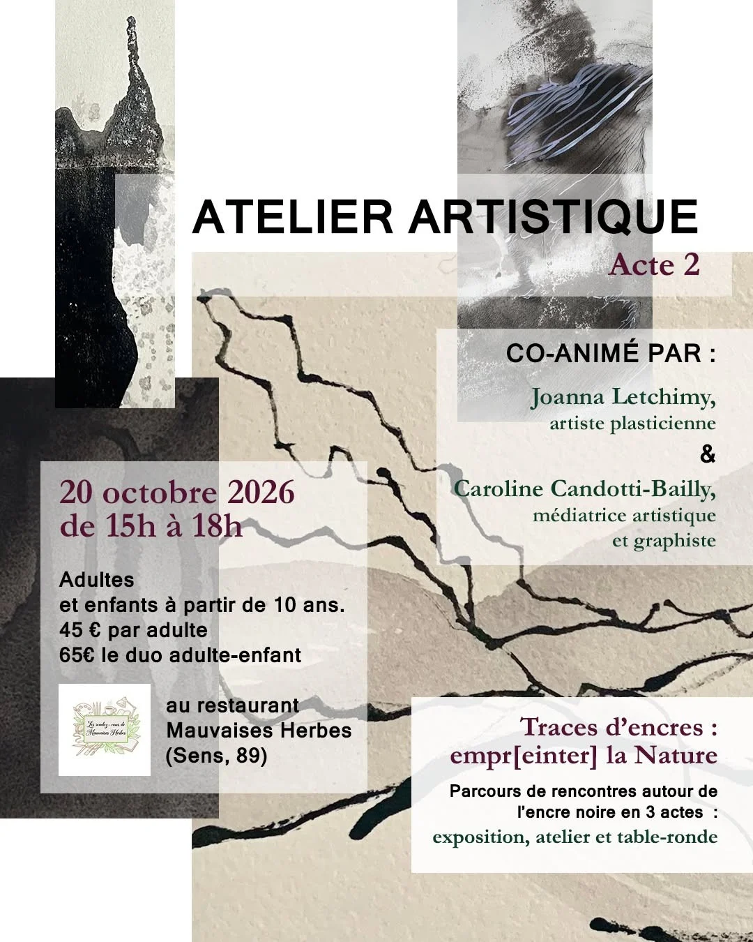 « Traces d’encres : empr[einter] la Nature» – Atelier artistique – Sens (Restaurant Mauvaises Herbes) (affiche de l’événement)