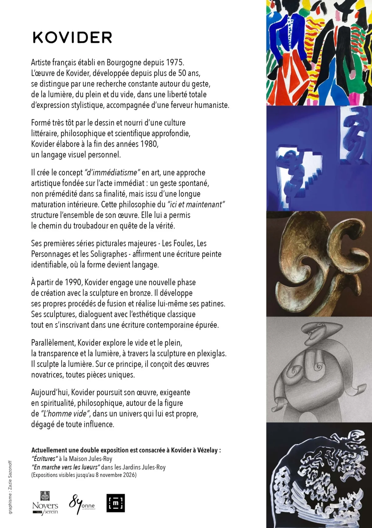 Exposition : Kovider (Peinture & Sculpture / Artiste français) / Trait, Couleur, Lumière / L'engagement d'un regard – Noyers-sur-Serein (Musée des Arts Naïfs et Populaires) (affiche de l’événement)