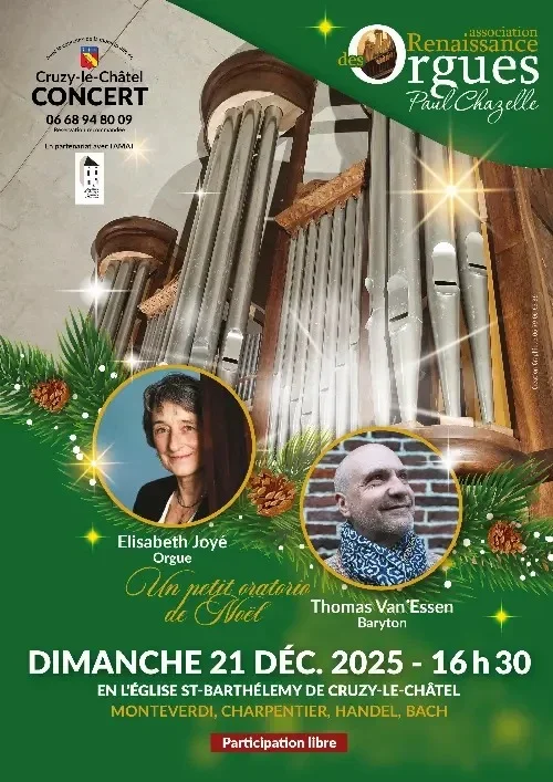 Un petit oratorio de Noël / Concert avec Elisabeth Joyé (orgue) et Thomas Van Essen (baryton) / Œuvres de Monteverdi, Charpentier, Handel, Bach. – Cruzy-le-Châtel (Église Saint-Barthélemy) (affiche de l’événement)