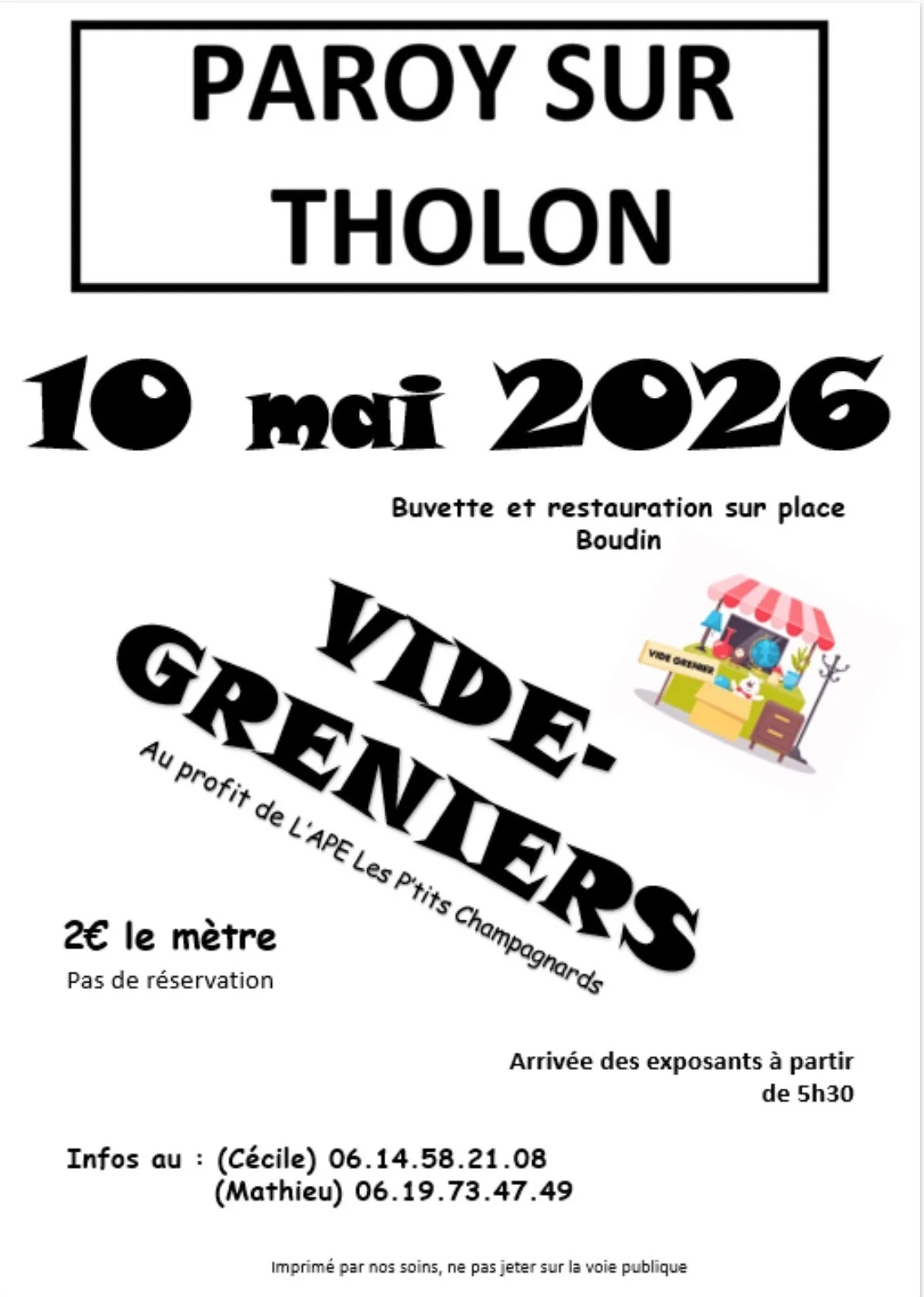 Vide grenier dans les rue du village . – Paroy sur Tholon (Rue pilorie) (affiche de l’événement)