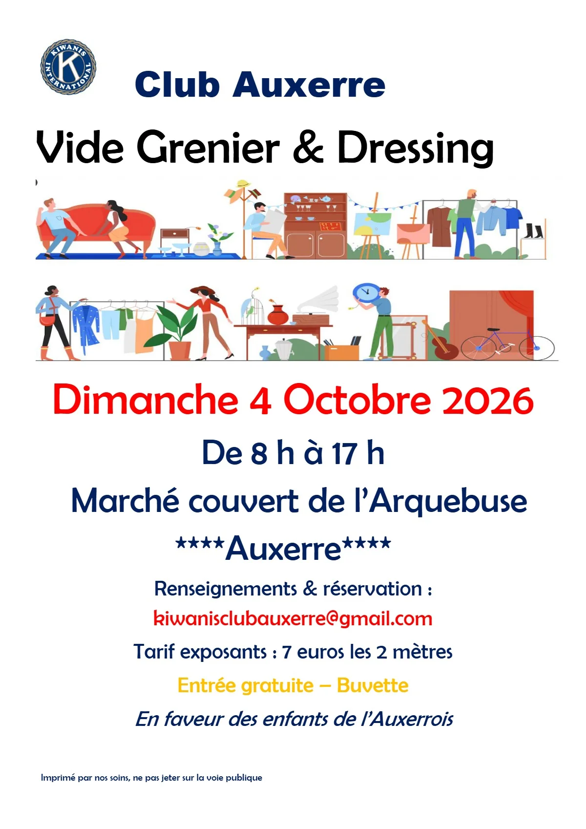 Vide grenier & dressing du Kiwanis d'Auxerre (en faveur des enfants de l'Auxerrois) – Auxerre (Marché couvert de l'Arquebuse) (affiche de l’événement)