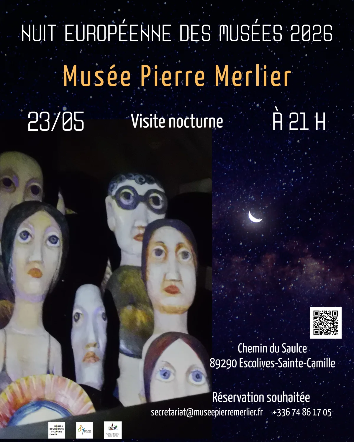 Visite nocturne du Musée Pierre Merlier dans le cadre de la Nuit des Musées (dialogue avec les oeuvres à la lueur des lampes) – Escolives-Sainte-Camille  (Musée Pierre Merlier / Moulin  du Saulce / Hameau du Saulce) (affiche de l’événement)