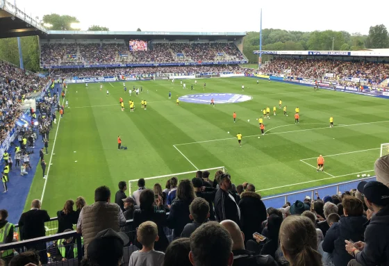Stade de l'Abbé Deschamps lors du match de ligue 1 entre l'AJAuxerre et le Paris SG (avec Lionel Messi) le 23 mai 2023